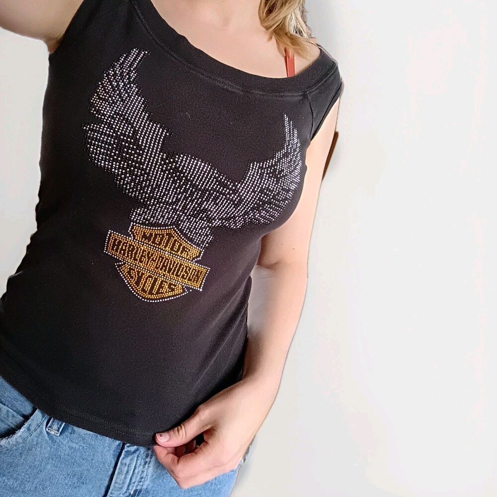 Harley Davidson Women's Blinged Off Shoulder Top Black Size Large Y2K Biker